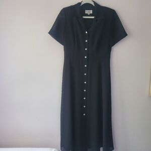Studio I Petite Black Button Down Chiffon Midi Dress 6P Preppy Office Career